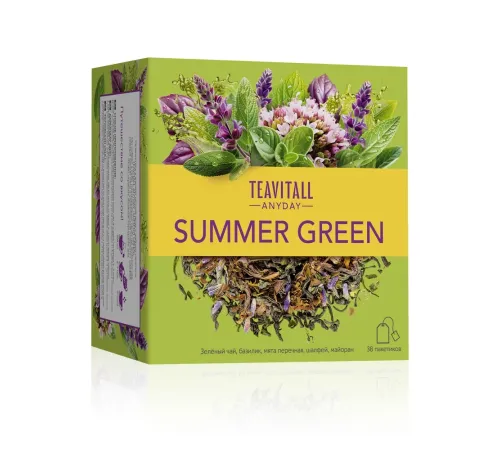 Чайный напиток TeaVitall Anyday «Summer Green» — зелёный чай с базиликом, мятой, шалфеем и майораном, 38 фильтр-пакетов — артикул 01620