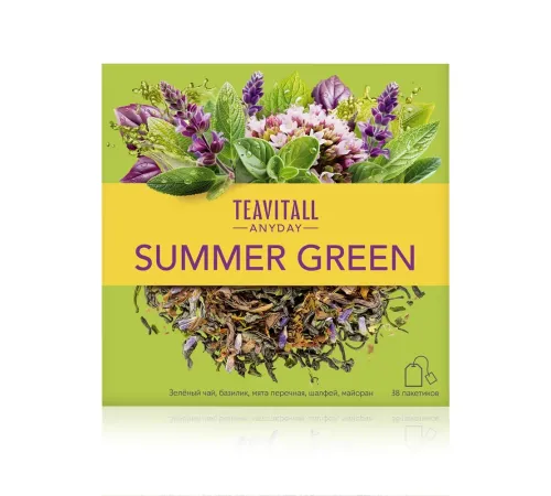 Чайный напиток TeaVitall Anyday «Summer Green» — зелёный чай с базиликом, мятой, шалфеем и майораном, 38 фильтр-пакетов — артикул 01620