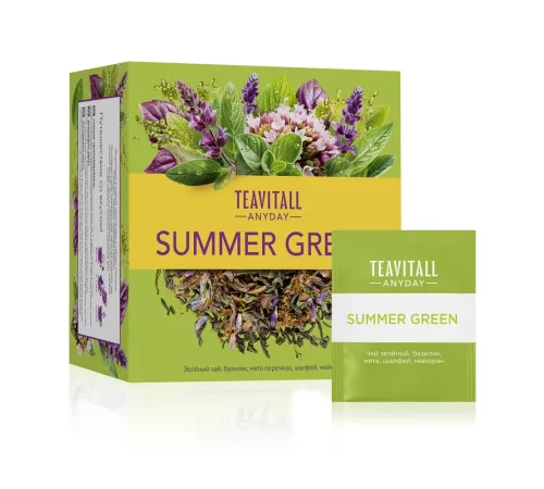 Чайный напиток TeaVitall Anyday «Summer Green» — зелёный чай с базиликом, мятой, шалфеем и майораном, 38 фильтр-пакетов — артикул 01620