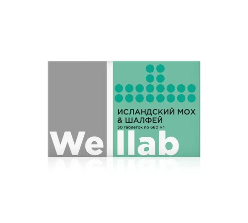 Welllab ИСЛАНДСКИЙ МОХ & ШАЛФЕЙ, 30 таблеток для рассасывания — цетрария, алтей, шалфей, витамин C, мята, артикул 070772