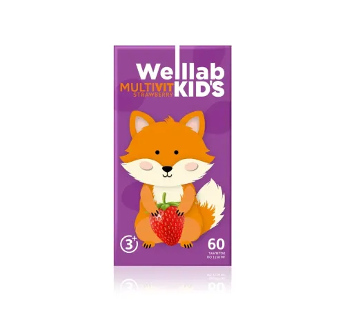 Welllab KIDS MULTIVIT, 60 жевательных таблеток — мультивитамины для детей с 3 лет со вкусом клубники, артикул 070744